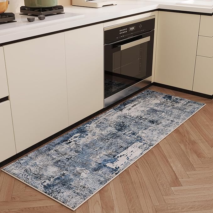 Runner Rug 2'6''x8' Hallway Washable Boho Soft Area Rug Abstract Pattern Non-Slip Faux Wool Vintage for Kitchen, Entryway, Laundry, Bedroom, Blue