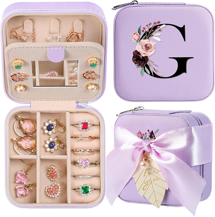 AYGXU Travel Jewelry Box for Women and Girls - Small Case With Initial A-Z - Teacher Gifts
