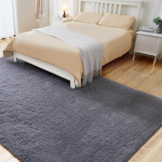 Ultra Soft Grey Rugs for Living Room, 5x7 Fluffy Plush Area Rugs for Bedroom, Non-Slip Floor Carpet for Kids Room, Bedside, Playroom, Corridor, Indoor Decor