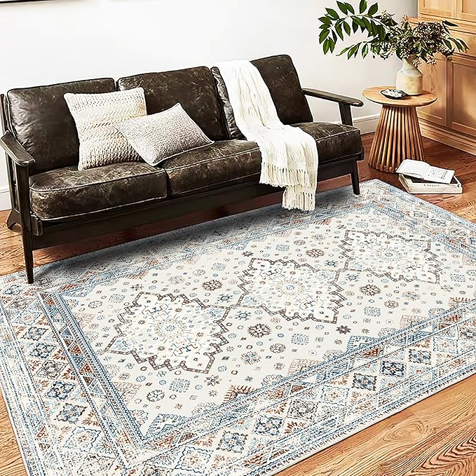 Washable Area Rug 5x7 Retro Boho Chic Medallion Distressed Design for Living Room Indoor Non-Slip Large Oriental Accent Throw Rug for Kitchen Entryway Bedroom Office Rug
