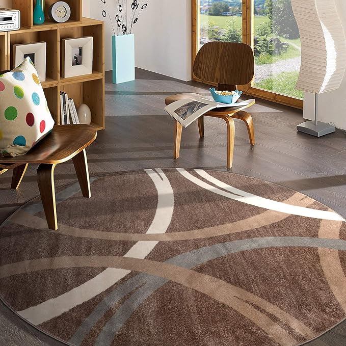 Rugshop Modern Wavy Circles Design Round Area Rug 8' Brown