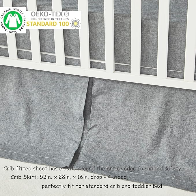 Brandream Gender Neutral Baby Crib Bedding Set 3 Pieces 100% Cotton Like Linen Supersoft Classic Quilted Plaid Design Boho Bohemian Farmhouse Chic Nursery Decor (Gray)