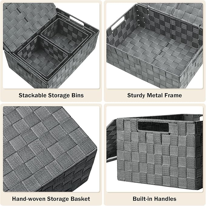 Storage Bins with Lids, Woven Storage Box Organizer Containers Decorative Baskets Cube for Clothes Bedroom Closet Office (5 Pack, Grey)