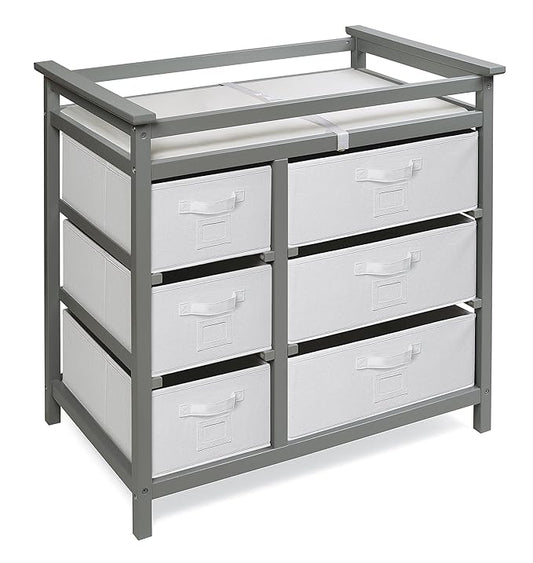 Badger Basket Modern Baby Changing Table - Diaper Station Organizer with 6 Storage Drawers, Reversible Baskets, Safety Rails - Baby Nursery Furniture with Changing Pad and Belt - Gray