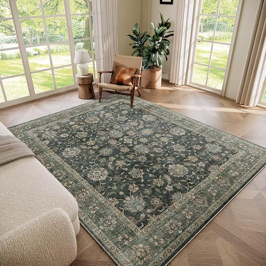 Washable 5x7 Area Rugs for Living Room, Boho Non-Slip Silicone Backing Rugs for Bedroom Dining Room Nursery Office, 0.3" Neutral Oriental Throw Carpet with 0.16" Cushioning Pad, Sage Green/Multi