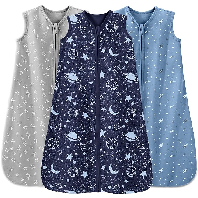 Baby Sleep Sack 6-12 Months 3 Pack 100% Cotton Lightweight 0.5 TOG Wearable Blanket Baby Sleep Bag with 2-Way Zipper for Newborn Infant Blue