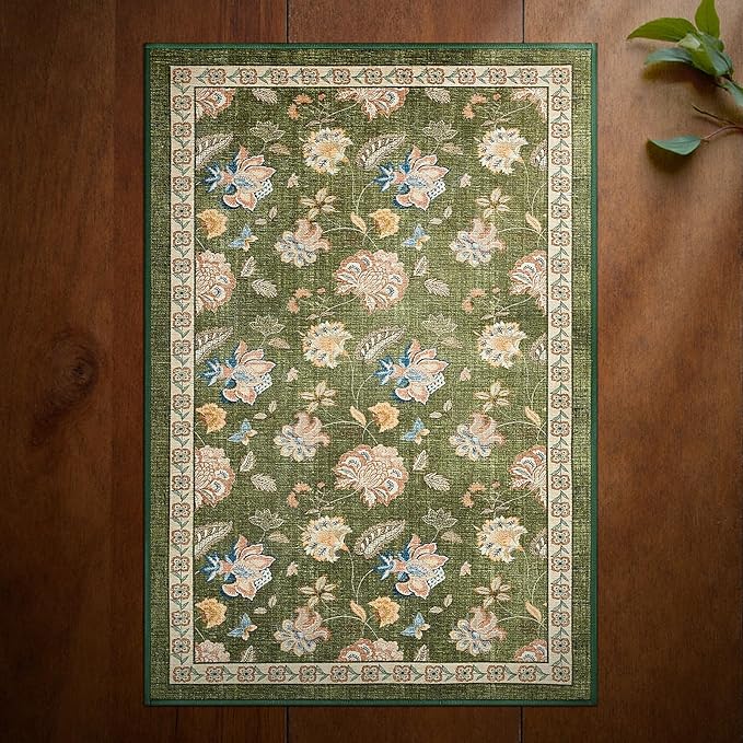 jinchan 2x3 Floral Rug for Entryway Washable Kitchen Rug Vintage Romance Design Small Mat Non Slip Indoor Doormat Lightweight Low-Profile Throw Carpet for Entrance Bathroom Laundry Room, Green