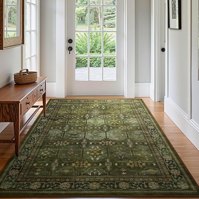 5x7 Washable Area Rug for Living Room Dining Room, Distressed Non Slip Vintage Floral Rugs for Bedroom, Traditional Indoor Floor Carpet for Dining Kitchen Farmhouse Dark Green
