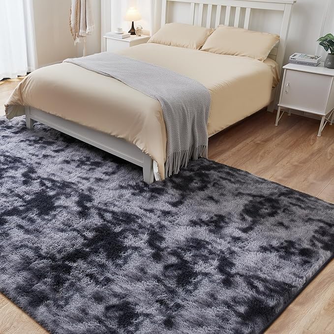 Ultra Soft Area Rugs for Living Room, 5x7 Tie-Dyed Dark Grey Fluffy Plush Rugs for Bedroom, Non-Slip Floor Carpet for Nursery Room, Bedside, Playroom, Corridor, Indoor Decor