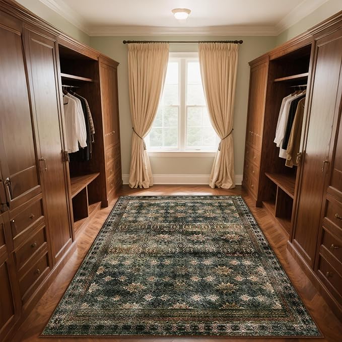 4x6 Area Rug for Bedroom Machine Washable, Non Slip Vintage Floral Kitchen Rugs for Dining Room, Rustic Indoor Floor Carpet for Kids Room, Playroom, Farmhouse(Dark Green/Brown/Multi)