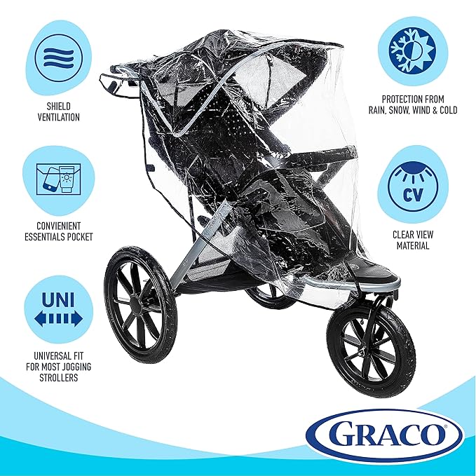 Graco Baby Jogging Stroller Universal Rain Cover, Ventilated Weather Shield, Waterproof, Windproof, Versatile Size to Fit Most Jogging Strollers, Vinyl, Clear, Plastic