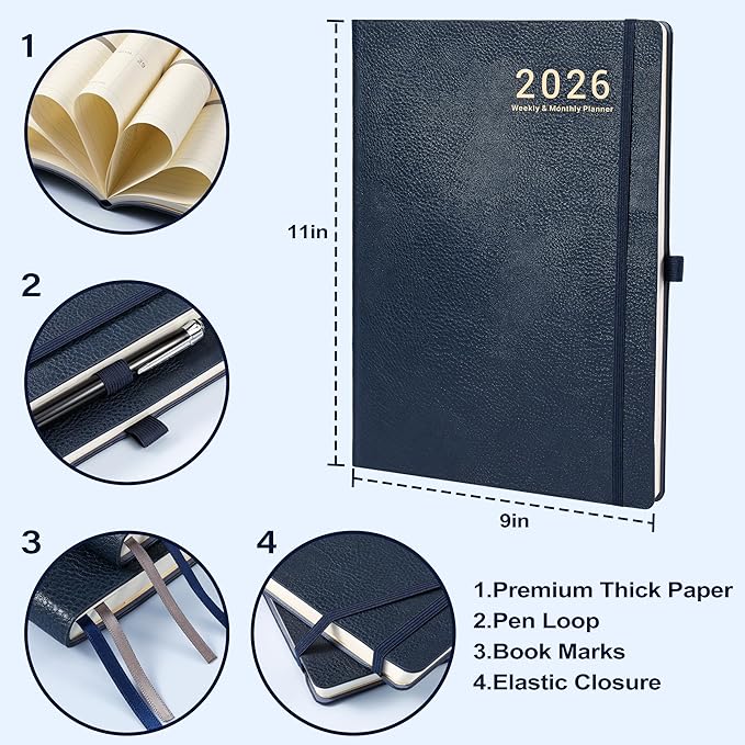 2026 Planner - Weekly and Monthly Planner 2026, JAN 2026 - DEC 2026, 8.5" x 11", Leather Cover 2026 Planners with Thick Paper, Back Pocket with Notes Pages - Blue