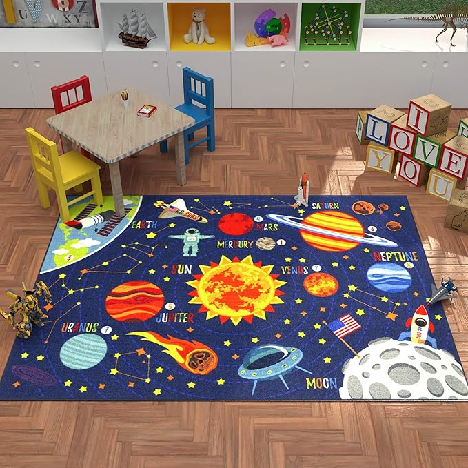 KC Cubs 5x7 Outer Space Solar System Toy Car Road Rug – Educational Play Mat Carpet for Kids, Toddlers, Nursery, Classroom, Playroom, Baby Daycare