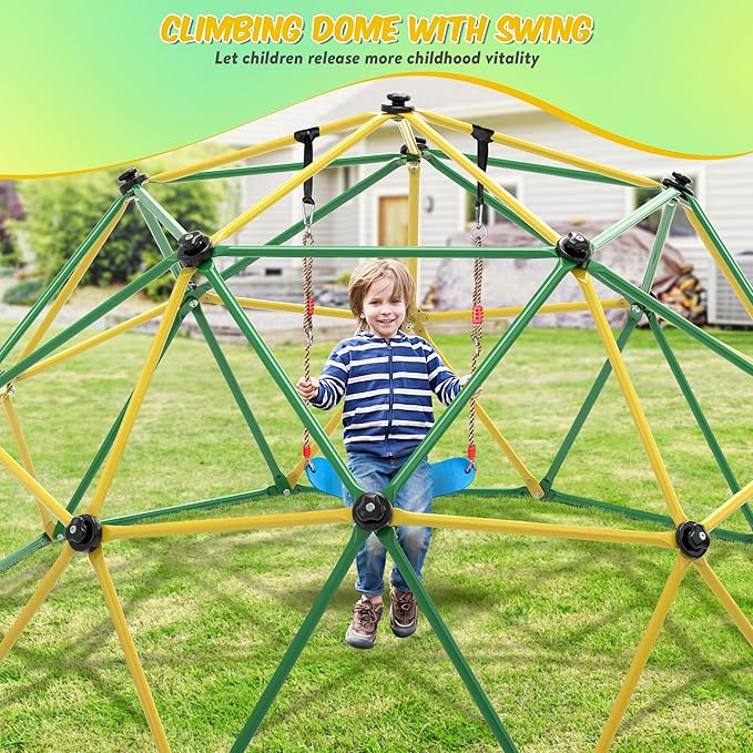 Climbing Dome, 10FT Dome Climber with Hammock & Swing for Kids 3-10, Kids Outdoor Jungle Gym Supports 1000lbs, Easy Assembly Playground Jungle Gym Backyard Play Equipment, Yellow+Green