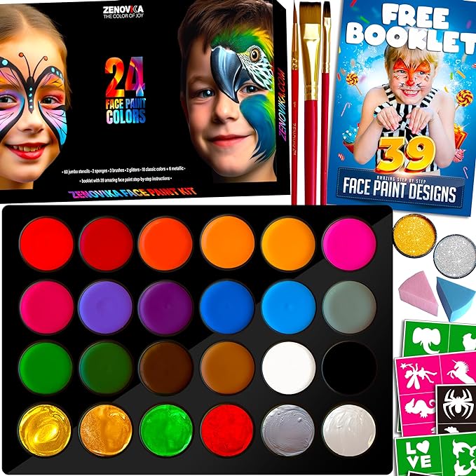 Face Painting Kit for Kids - Non-Toxic and Hypoallergenic Face Paint Kit with 24 Colors, Stencils, Book, and Professional Halloween Makeup Kit - Safe and Easy to Use Face Paint Kit for Kids