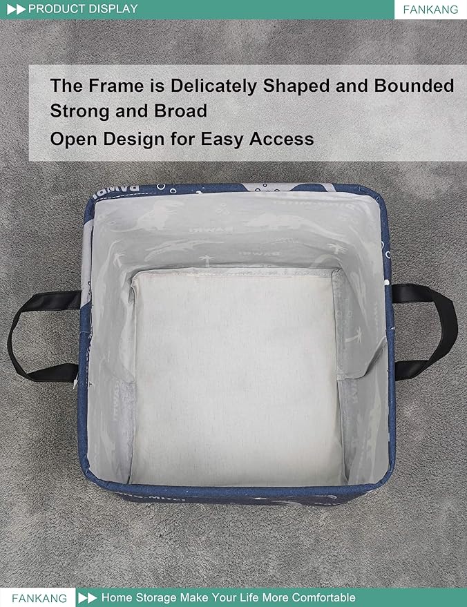 FANKANG Square Nursery Hamper Storage Bins Canvas Laundry Basket Foldable with Waterproof PE Coating Storage Baskets Gift Baskets for Children, Office, Bedroom, Clothes（Square-Blue dinosaur ）