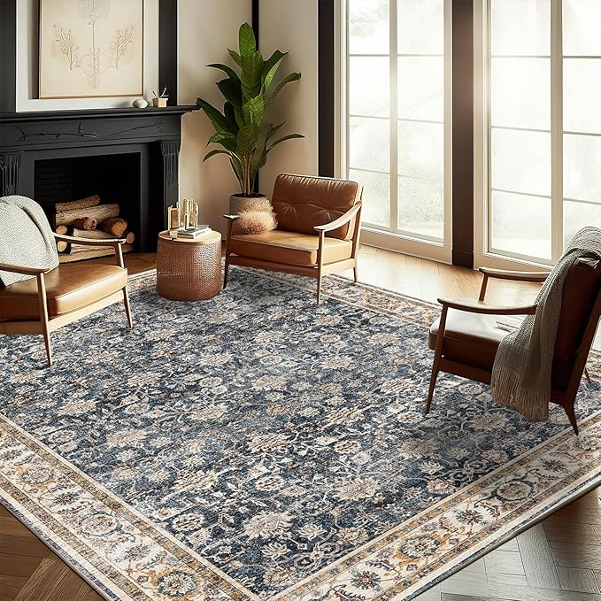 Washable Area Rug 9'x12' Retro Boho Design Non-Shedding Easy Care Ideal for High Traffic Areas in Living Room Bedroom Office Coffee Table Kitchen Large Carpet