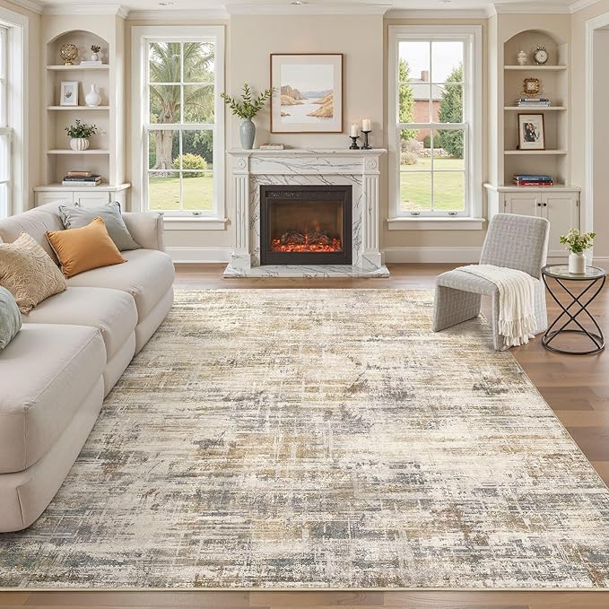 Area Rug for Living Room: 12x15 Washable Neutral Abstract Modern Soft Rugs Non Slip Indoor Floor Stain Resistant Large Carpet for Bedroom Dining Room Office Nursery - Golden Brown