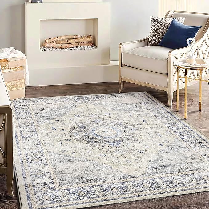Area Rug 5'x7' Washable Rug Floral Blue Vintage Traditional Floor Cover Thin Retro Kitchen Indoor Distressed Non Slip Carpet for Living Room Bedroom Dining Room