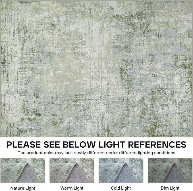 Runner Rug for Hallways Kitchen 2'6"x8' Washable, Non Slip Carpet 8ft Area Rugs Entryway Rubber Backed 8 Feet Neutral Abstract Modern Low Pile Indoor Green