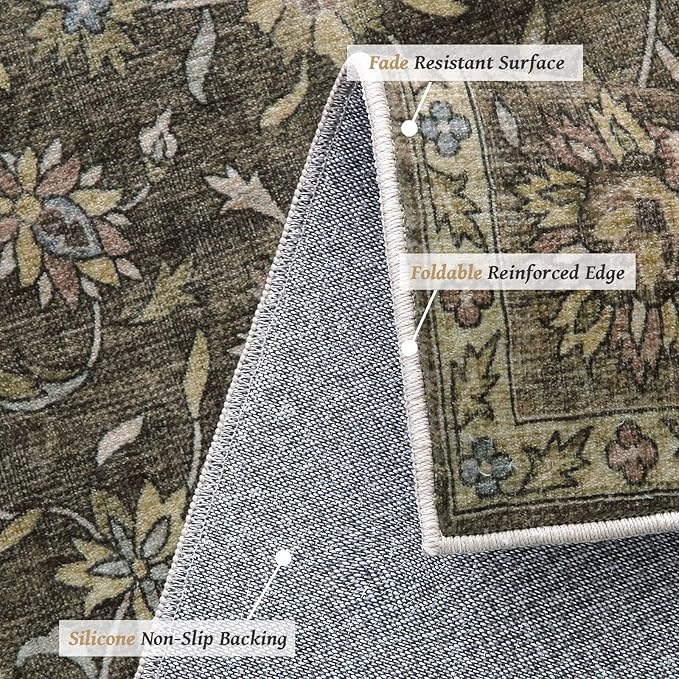 Washable 10x14 Area Rugs for Living Room, Boho Non-Slip Silicone Backing Rugs for Bedroom Dining Room Office, 0.3" Neutral Oriental Throw Carpet with 0.16" Cushioning Pad, Flaxen/Multi