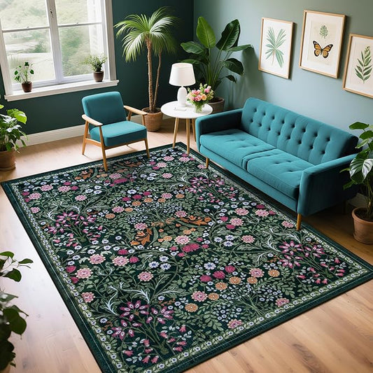 Area Rug Living Room Rugs: Floral 4x6 Washable Rug Vintage Soft Boho Non-Slip Carpet Indoor Floor Stain Resistant Large Carpets for Bedroom Dining Room Farmhouse Nursery Hallway Home Office Dark Green