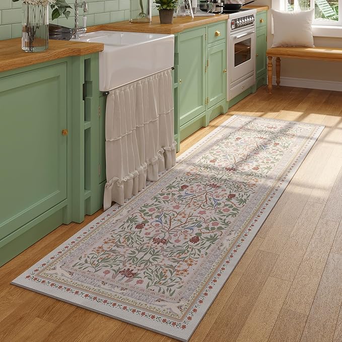 Runner Rug for Kitchen Rug Non Slip 2'x6' Washable Rugs with Rubber Backing Soft Vintage Floral Botanical Carpet Runner for Kitchen, Laundry, Bedroom, Bathroom, Beige