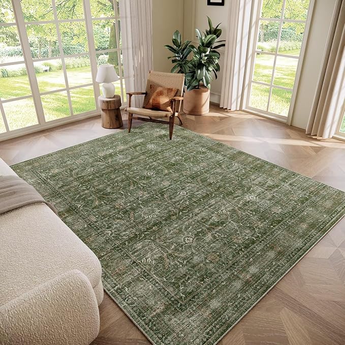 Washable 5x7 Area Rugs for Living Room, Boho Non-Slip Silicone Backing Rugs for Bedroom Dining Room Nursery Office, 0.3" Neutral Oriental Throw Carpet with 0.16" Cushioning Pad, Grass Green/Multi