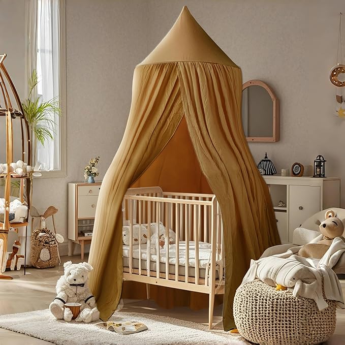 Cotton Kids Bed Canopy, Nursery Room Baby Crib Hanging Curtain Mosquito Net Hideaway Bedding Children Reading Nook Decoration, Pastel Neutral Color for Boys & Girls (Khaki)
