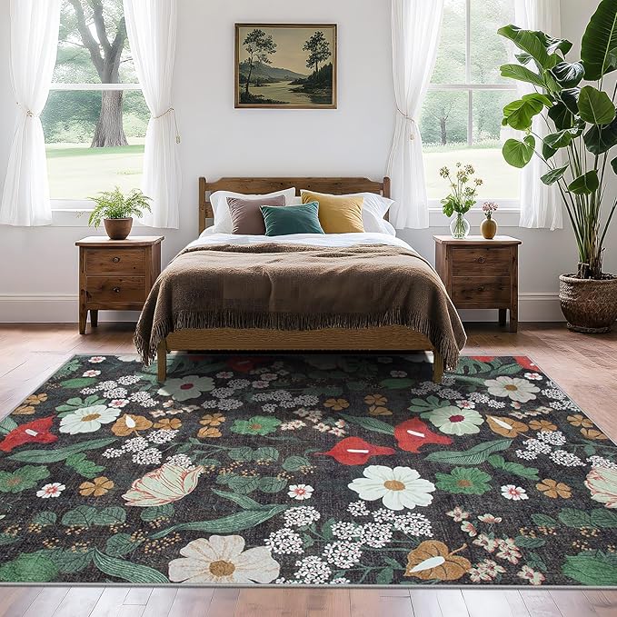 Area Rug Living Room Rugs: 5x7 Washable Rug Vintage Floral Soft Boho Non Slip Carpet Indoor Floor Non Shedding Low Pile Thin Carpets for Bedroom Dining Room Farmhouse Nursery Home Office Green