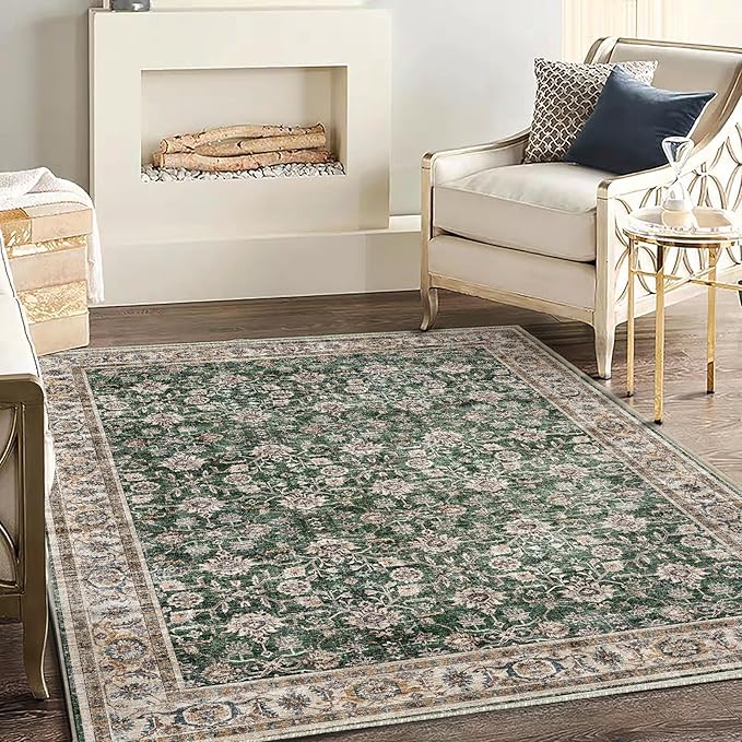 Area Rug 5'x7' Washable Rug Vintage Traditional Floor Cover Thin Retro Kitchen Indoor Distressed Non Slip Carpet for Living Room Bedroom Dining Room