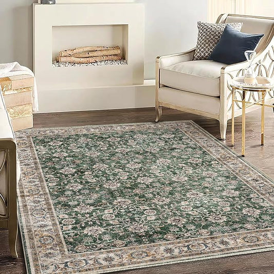 Washable Area Rug 4'x6' Vintage Traditional Floor Cover Foldable Thin Rugs Retro Kitchen Indoor Distressed Non Slip Carpet Floral Print Mat Bedroom Living Room