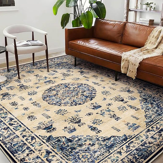 Washable Area Rug 10'x14' Boho Design Non-Shedding Easy Care Ideal for High Traffic Areas in Living Room Bedroom Office Coffee Table Kitchen Large Carpet