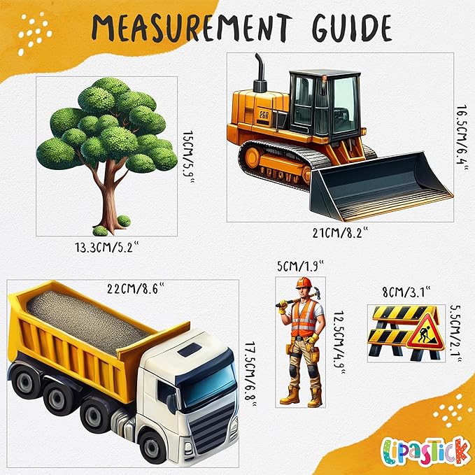 Construction Car Wall Decals for Boys by Lipastick - Road, Trucks, Tractors, Excavators Wall Stickers for Kids Bedroom, Nursery, Playroom - Peel and Stick Transport Themed Wall Decals - M Size