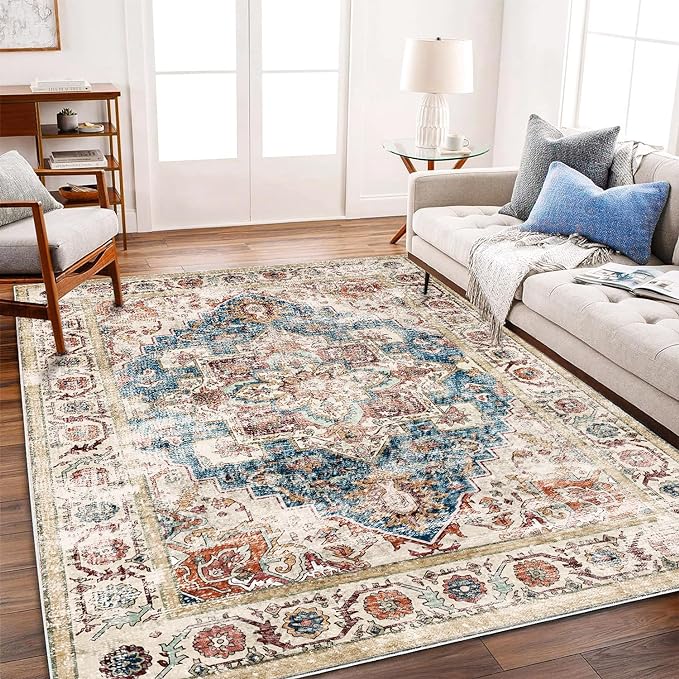 Washable Area Rug 10'x14' Beige Blue Boho Chic Medallion Distressed Design Non-Shedding Easy Care Ideal for High Traffic Areas in Living Room Bedroom Office Coffee Table Large Carpet