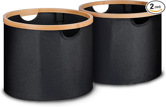 efluky Storage Baskets for Organizing, Fabric Storage Bins with Bamboo Handles, Collapsible Storage Baskets for Shelves and Closet,Medium, Black Set of 2