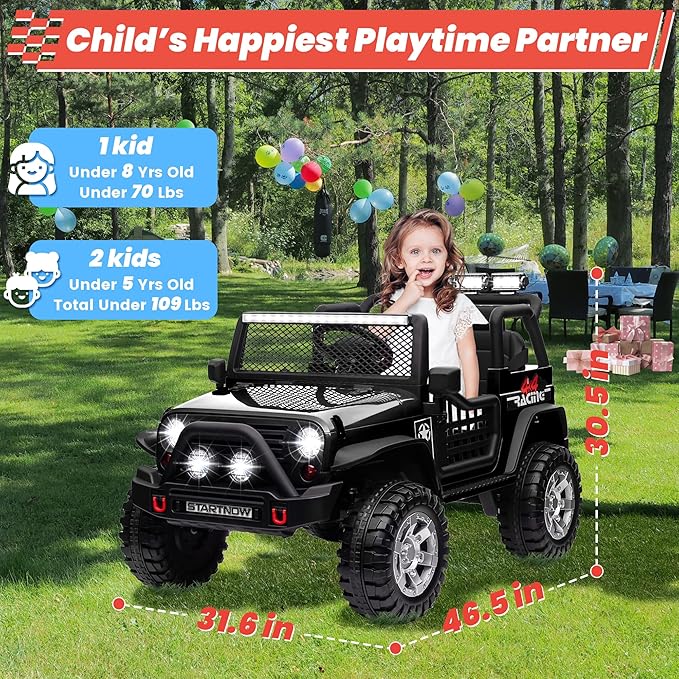 24V 4WD Ride on Truck Car w/800W Motors, Gift Flower, Remote Control, 2 Seaters, Light Bar, 3 Speeds, Pop Music, Power Four Wheels, 24 Volt Ride on Toy Car for Big Kids, Black