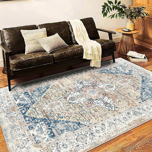 Washable Area Rug 8x10 Boho Chic Medallion Distressed Design Non-Shedding Easy Care Ideal for High Traffic Areas in Living Room Bedroom Office Coffee Table Large Carpet