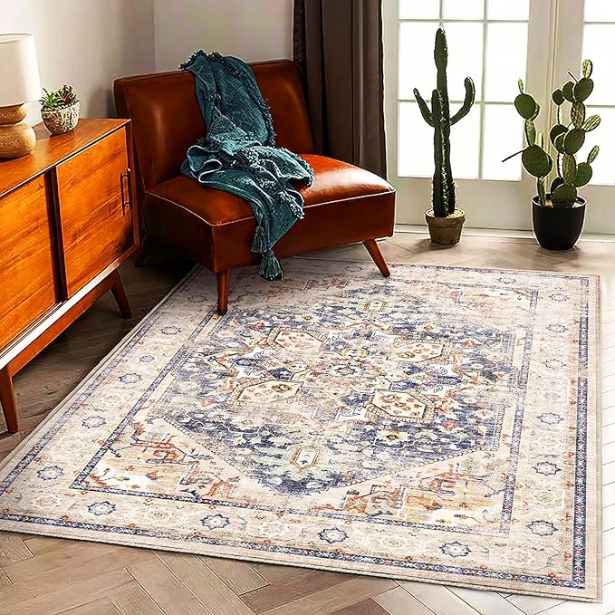 3'x5' Blue Khaki Vintage Washable Thin Area Rug Traditional Floor Cover Foldable Indoor Distressed Non Slip Carpet Floral Print Mat for Bedroom Living Room Bathroom
