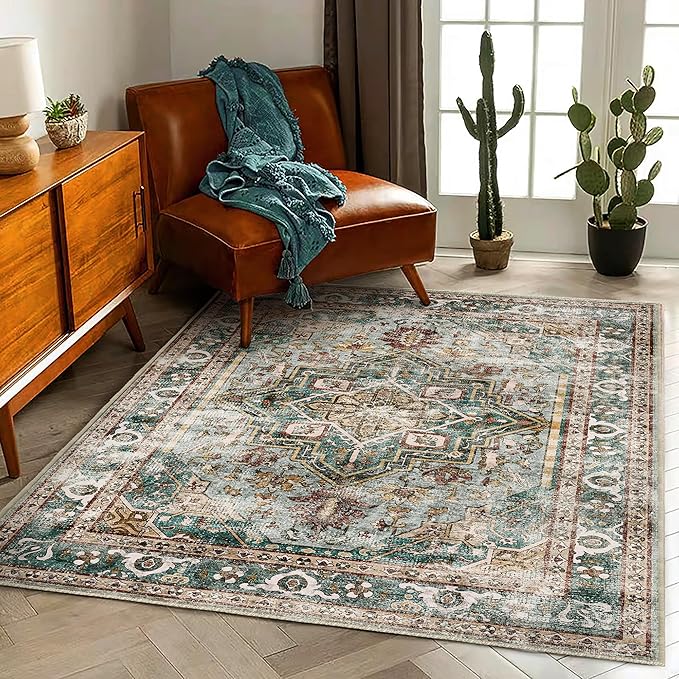 Washable Area Rug 5'x7' Green Retro Boho Chic Medallion Distressed Design Living Room Indoor Non-Slip Large Oriental Accent Throw Rugs for Kitchen Bedroom Office Carpet