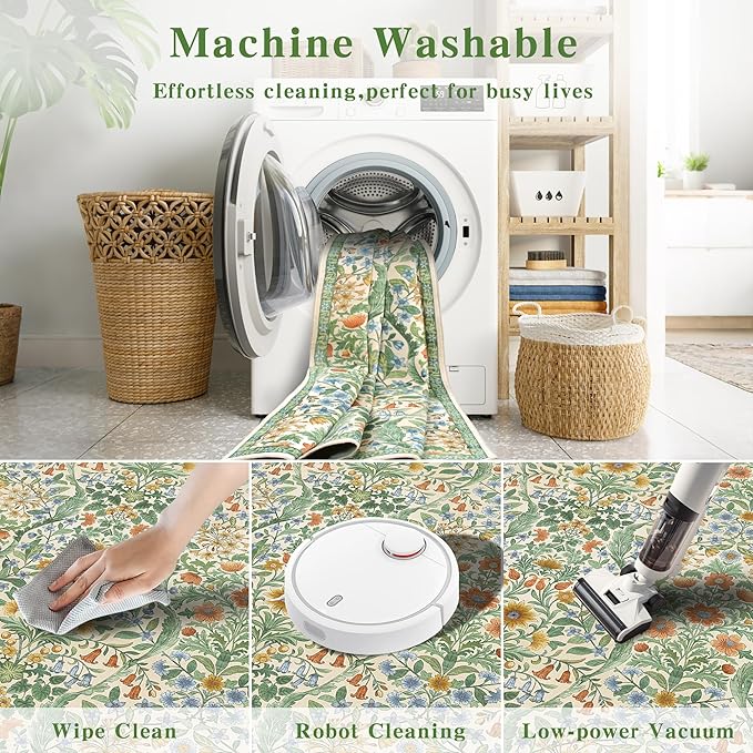 5×7 Grass Green Washable Floral Area Rug,Vintage Boho Soft Low-Pile Living Room Rugs, Stain Resistant Botanical Non-Slip Carpet for Bedroom,Dining Room, Kids Nursery,Home Decor