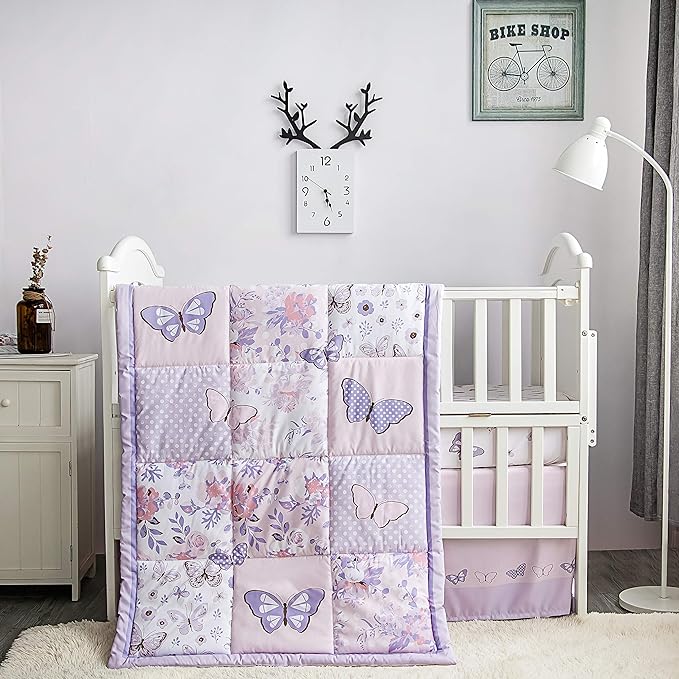 La Premura 3-Piece Purple Butterfly Baby Crib Bedding Set for Girls, Lilac Standard Size Crib Set for Baby Girl, Comforter, Fitted Sheet, and Dust Ruffle Skirt, Baby Nursery Floral Design for Girls
