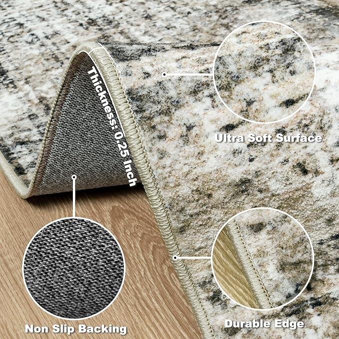 Area Rug 9x12 Washable Rugs: Abstract Large Living Room Rugs with Non-Slip Backing, Stain Resistant Indoor Floor Carpet for Bedroom Dining Room Table Nursery Hallway Home Office Brown/Gray