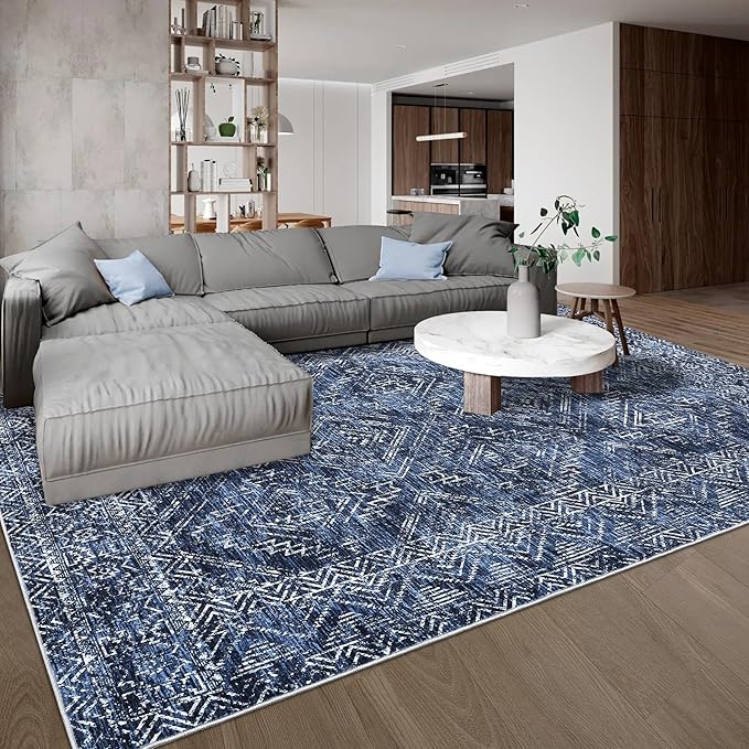 COZYLOOM Living Room Rug 9x12 Machine Washable Area Rugs Modern Abstract Floor Cover Non Slip Low Pile Geometric Mats Stain Resistant Foldable Carpet for Dining Room Bedroom, Blue