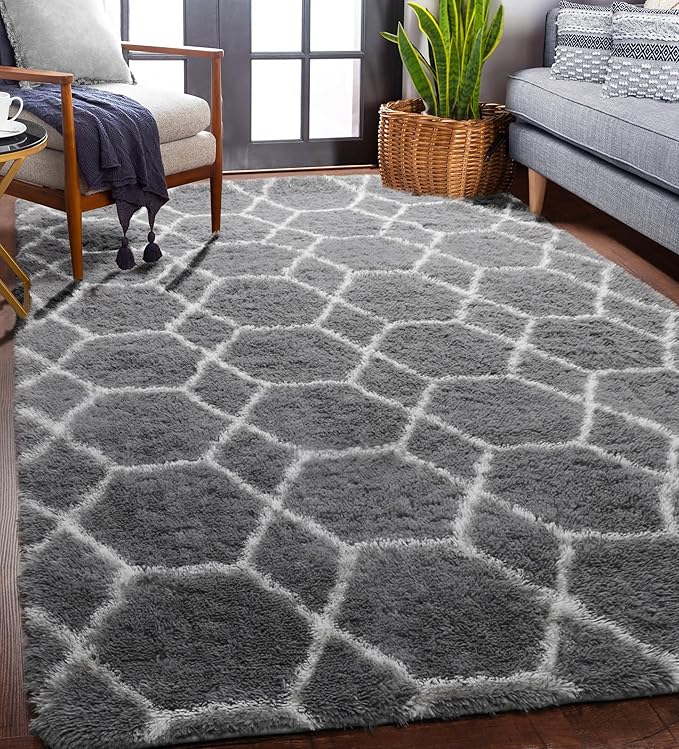 ONASAR Area Rugs for Living Room Bedroom, 5x8 Washable Fluffy Grey and White Rug, Geometric Boho Soft Plush Shaggy Fuzzy Floor Carpet for Nursery Kids Girls Boys Teen Dorm Home Decor Aesthetic