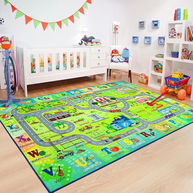 Chicrug 6x9 Car Road Area Rug for Kids Playroom Bedroom, Non Slip Low Pile Washable ABC Alphabet Carpet for Classroom, City Track Play Mat for Toddler Children Nursery Baby Room Decor, Green
