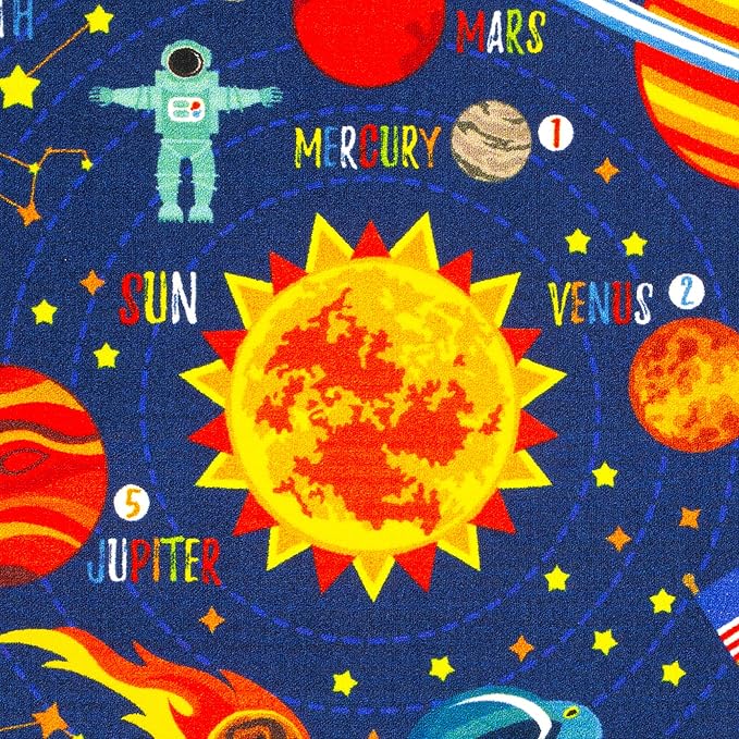 KC Cubs 8x10 Outer Space Solar System Toy Car Road Rug – Educational Play Mat Carpet for Kids, Toddlers, Nursery, Classroom, Playroom, Baby Daycare