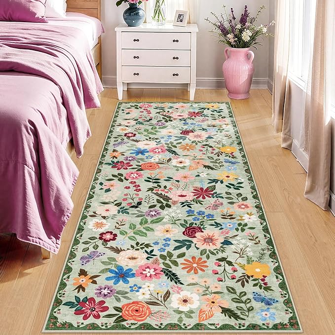 Runner Rug for Entryway: 2x10 Kitchen Rugs Non Slip Washable Ultra-Thin Soft Floral Carpet Indoor Floor Stain Resistant Carpets for Hallway Bedroom Kitchen Laundry Bathroom Dorm Green