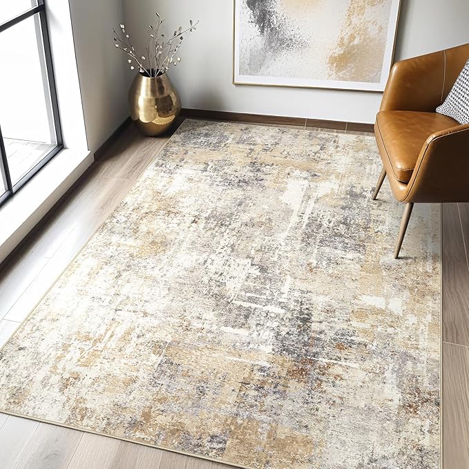 4x6 Rug Washable Area Rugs: Abstract Modern Soft Stain Resistant Indoor Floor Accent Non Slip Carpet for Living Room Entryway Kitchen Bedroom Nursery Office Bedside Home House Decor- Gray Gold