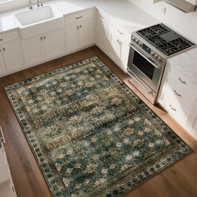 5x7 Washable Area Rug for Living Room Rustic, Non Slip Vintage Floral Bedroom Rugs Retro, Traditional Indoor Floor Carpet for Dining Room, Farmhouse, Office Classroom(Dark Green/Brown/Multi)